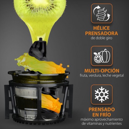 Prensadora en Frío. Exprimidor, Licuadora. Extractor de Zumos, 8 programas, Fácil Limpieza, Silenciosa, Dieta Detox, Recetario