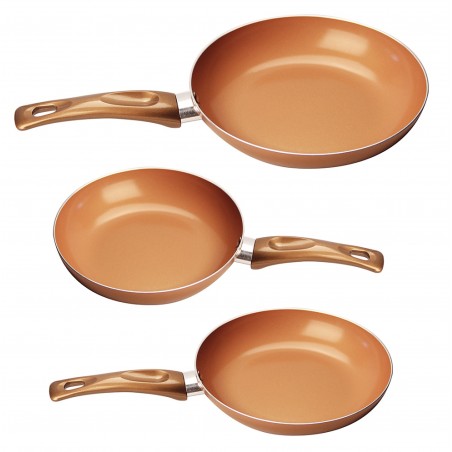 Set 3 Sartenes Copper Pan, Antiadherentes, Cerámica Alta Calidad, Cocina sin grasas, Mangos Ergonómicos