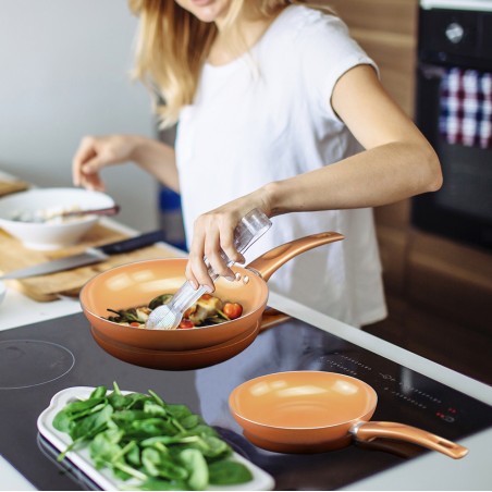 Set 3 Sartenes Copper Pan, Antiadherentes, Cerámica Alta Calidad, Cocina sin grasas, Mangos Ergonómicos