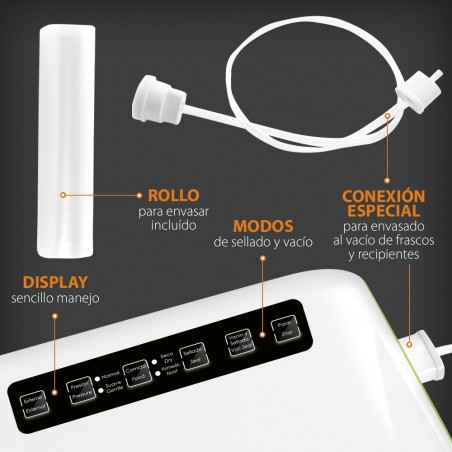 Envasadora al vacío, Fácil de usar, Modos de envasado, Regulable, Táctil, Ligera, Incluye Rollo de Bolsas